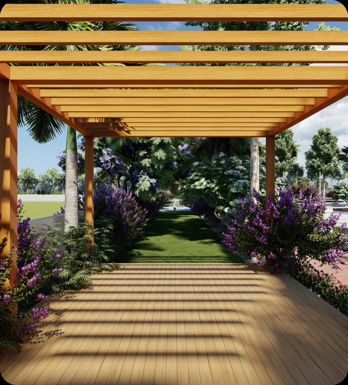Wooden pergola walkway leading to a flower-lined garden path