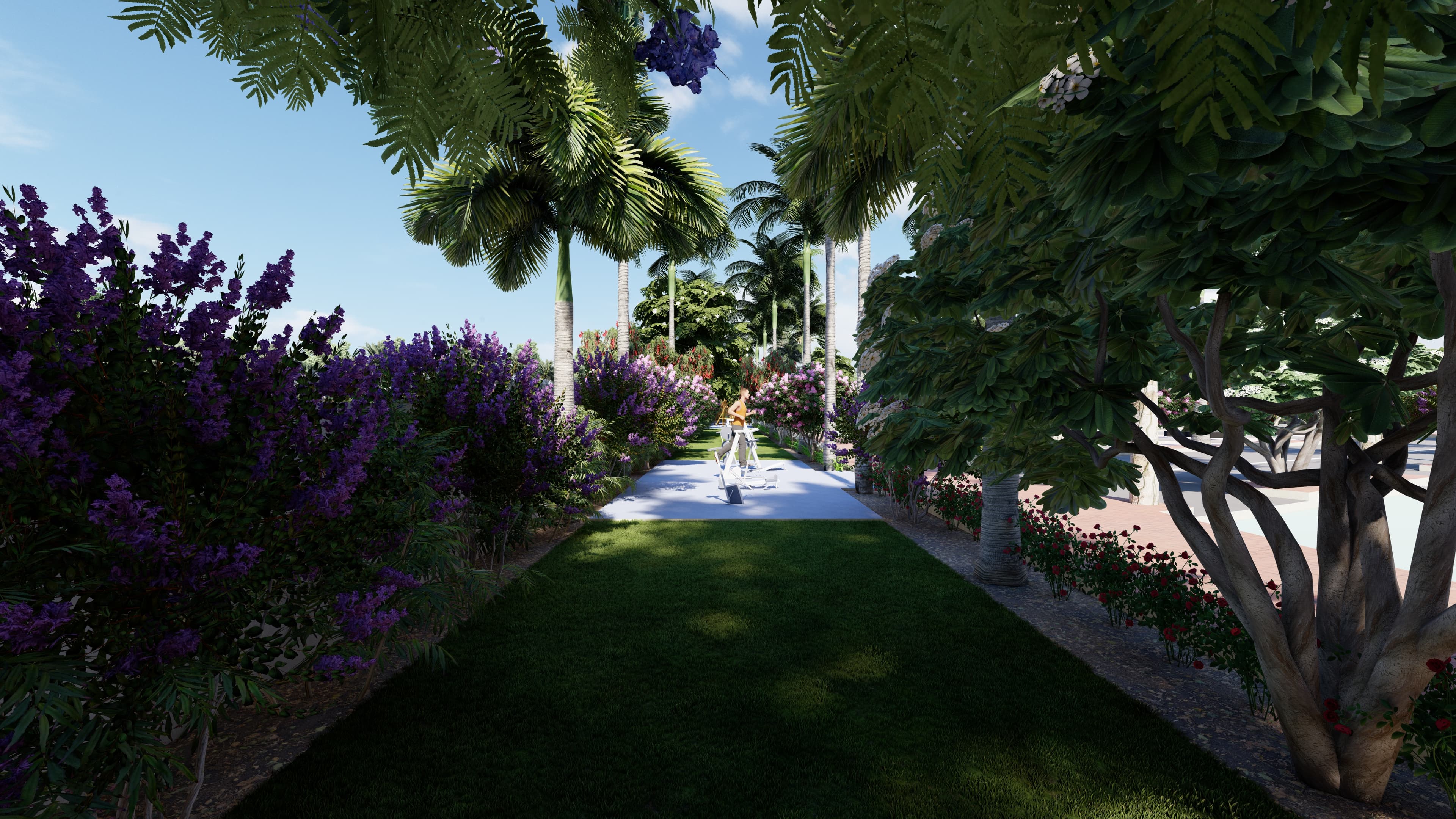 Outdoor fitness station among landscaping