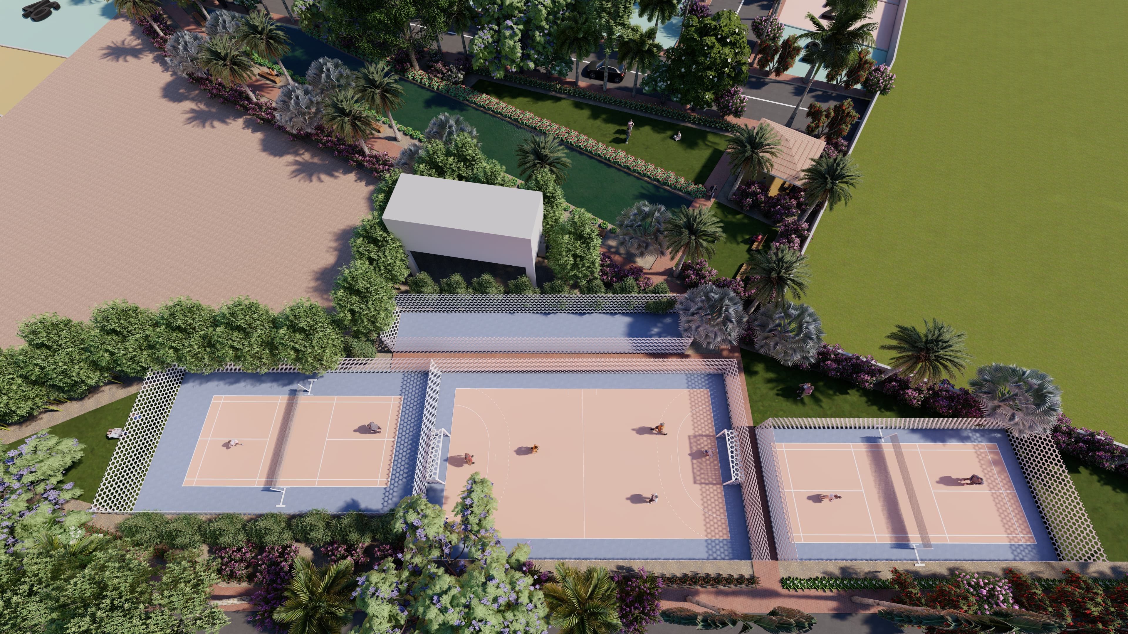 Aerial view of sports courts and pool