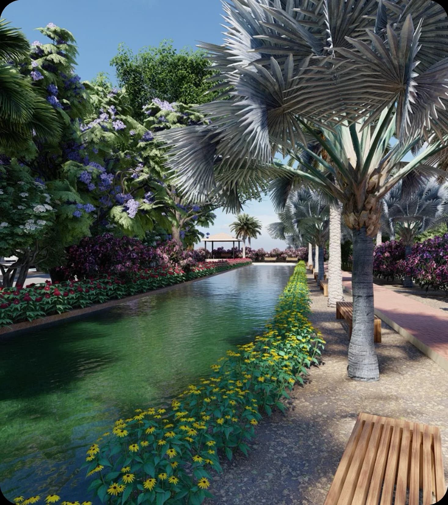 Palm-lined water channel walkway with flowering gardens and a gazebo
