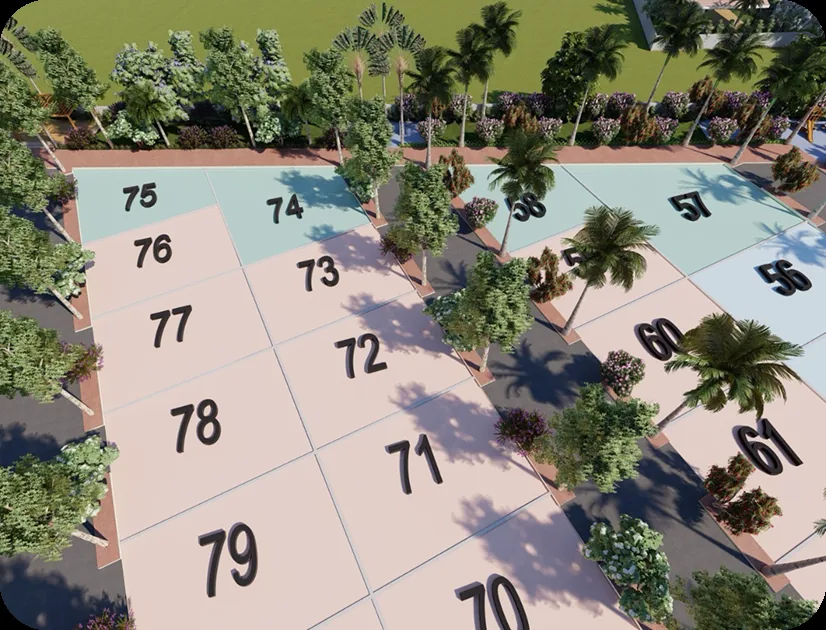 Aerial view of numbered villa plots lined with palm trees