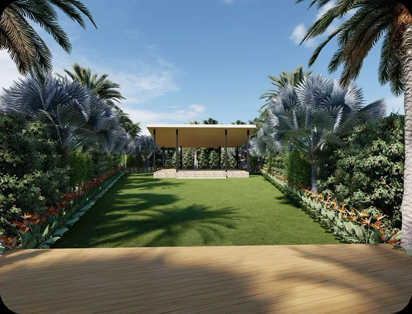 Central lawn with open-sided pavilion framed by palms