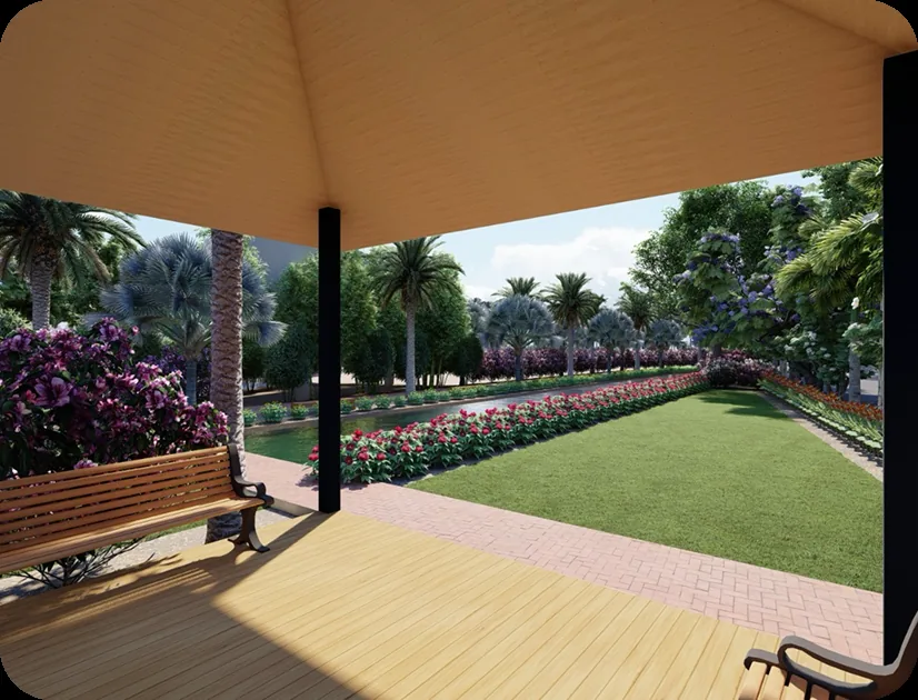 Seating gazebo overlooking the landscaped garden and water channel