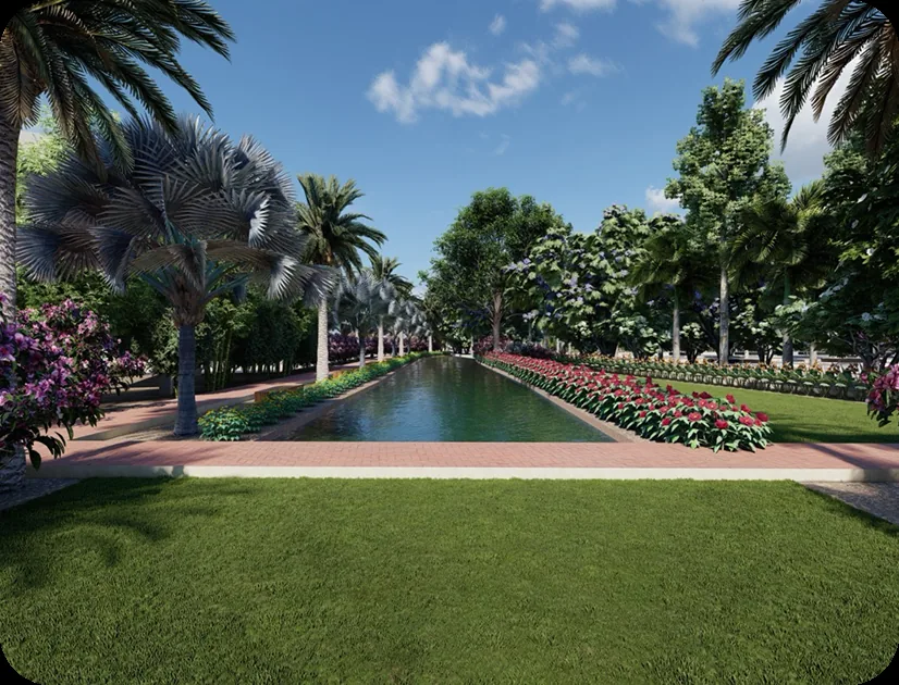 Landscaped water channel bordered by flowering plants and lawn
