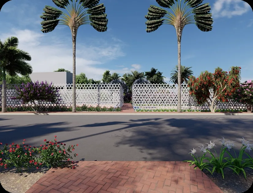 Community entrance gate framed by palm trees