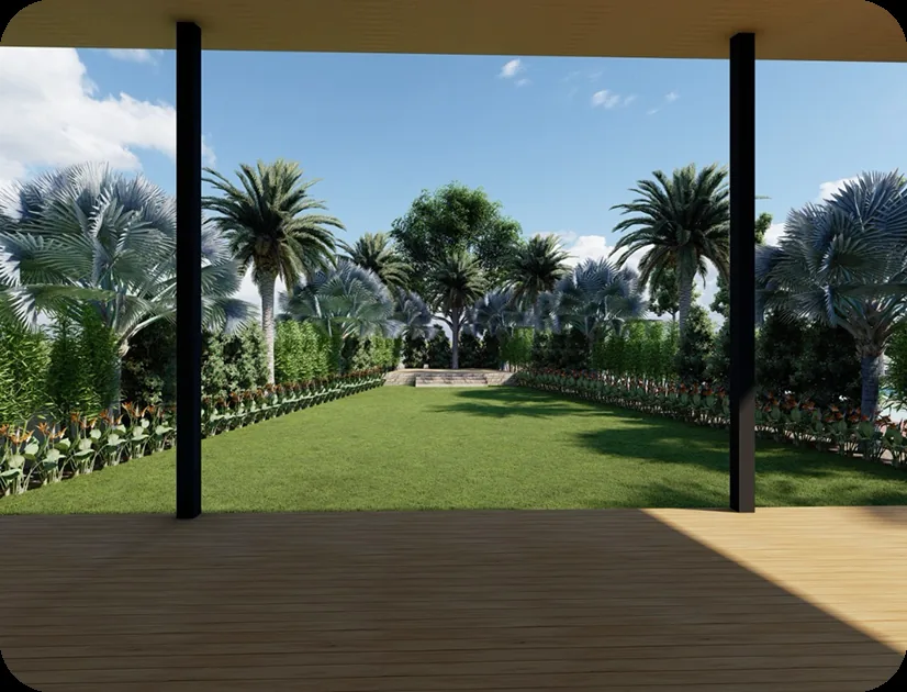 Gazebo view of the lawn leading to a stepped garden feature