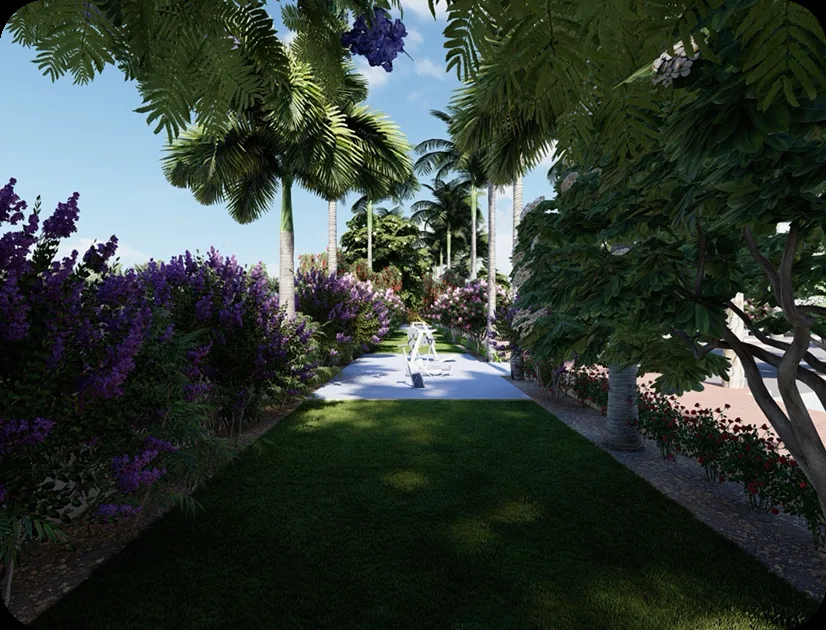 Flower-lined pathway with jacaranda and bougainvillea
