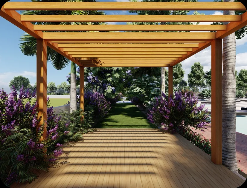 Wooden pergola walkway leading to the lawn