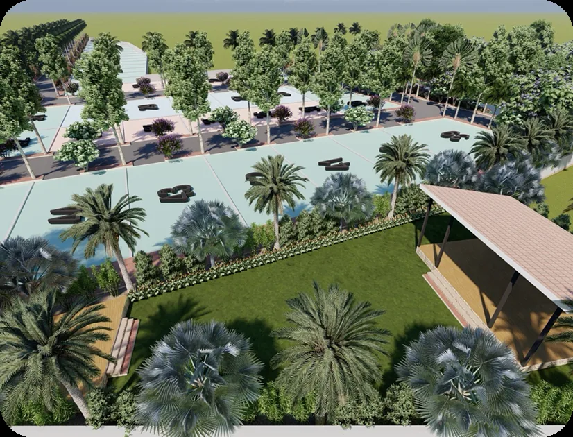 Aerial masterplan view of plots, clubhouse and gardens